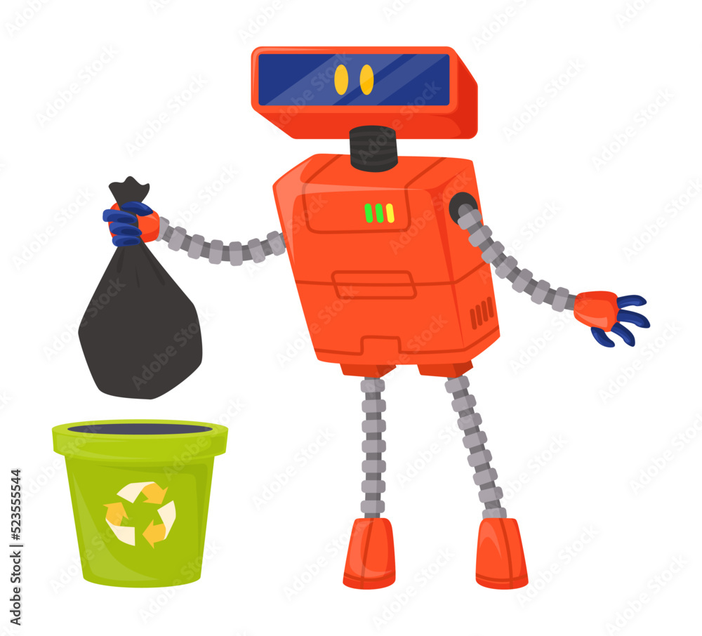Robot assistant take trash out vector flat icon Robot assistant take trash out vector flat icon