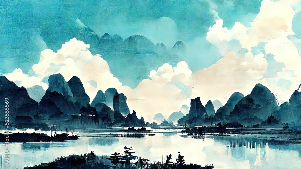 Traditional chinese ink painting with blue and black colors
