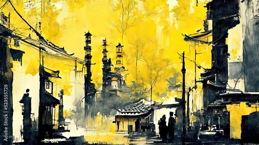 Chinese ink painting. Yellow and black colors, 4k wallpaper