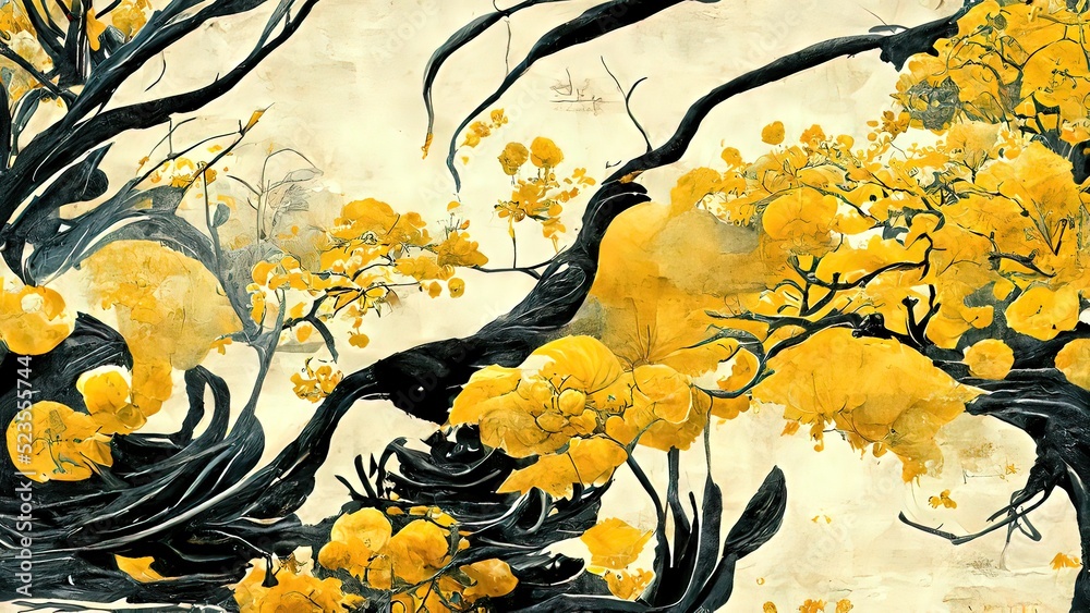 Chinese ink painting. Yellow and black colors, 4k wallpaper
