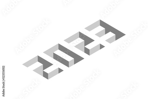 2023. Isometric text style with depth effect. Minimal 3D numbers template for Happy New Year. Christmas background.