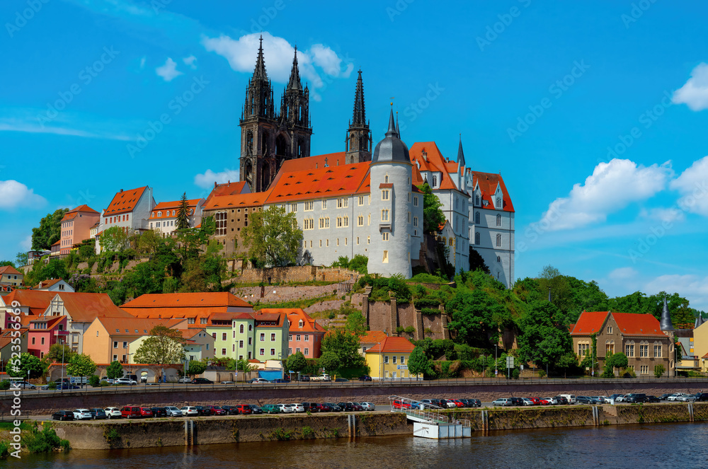 12.05.2022 view of the Albrechtsburg castle and the Meissen Cathedral with the Elbe river. Meissen, Saxony, Germany