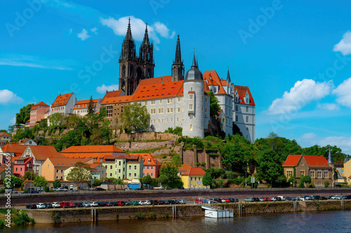 12.05.2022 view of the Albrechtsburg castle and the Meissen Cathedral with the Elbe river. Meissen, Saxony, Germany