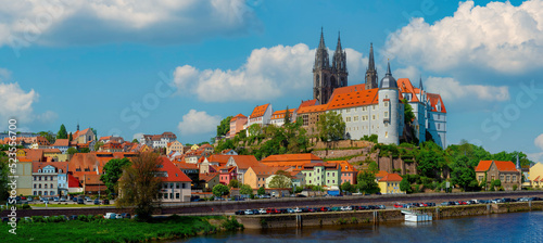 12.05.2022 panoramic view of the Albrechtsburg castle and the Meissen Cathedral with the Elbe river. Meissen, Saxony, Germany
