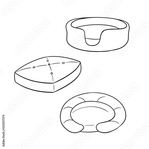 Monochrome set of different bedding for dogs and cats, comfortable soft chaise longue, vector cartoon