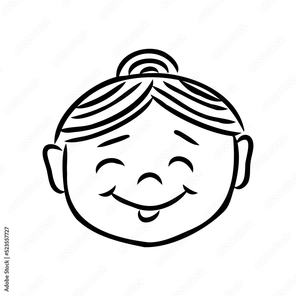 Doodle elderly woman face. Hand-drawn outline human isolated on white background. Funny curly granny. Cartoon grandmother whith lace. Female kind portrait. Positive emotion avatar. Vector illustration Doodle elderly woman face. Hand-drawn outline human isolated on white background. Funny curly granny. Cartoon grandmother whith lace. Female kind portrait. Positive emotion avatar. Vector illustration