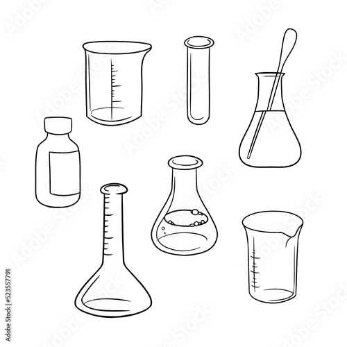Monochrome set of icons, various empty glass flasks and with a solution for experiments, vector cartoon