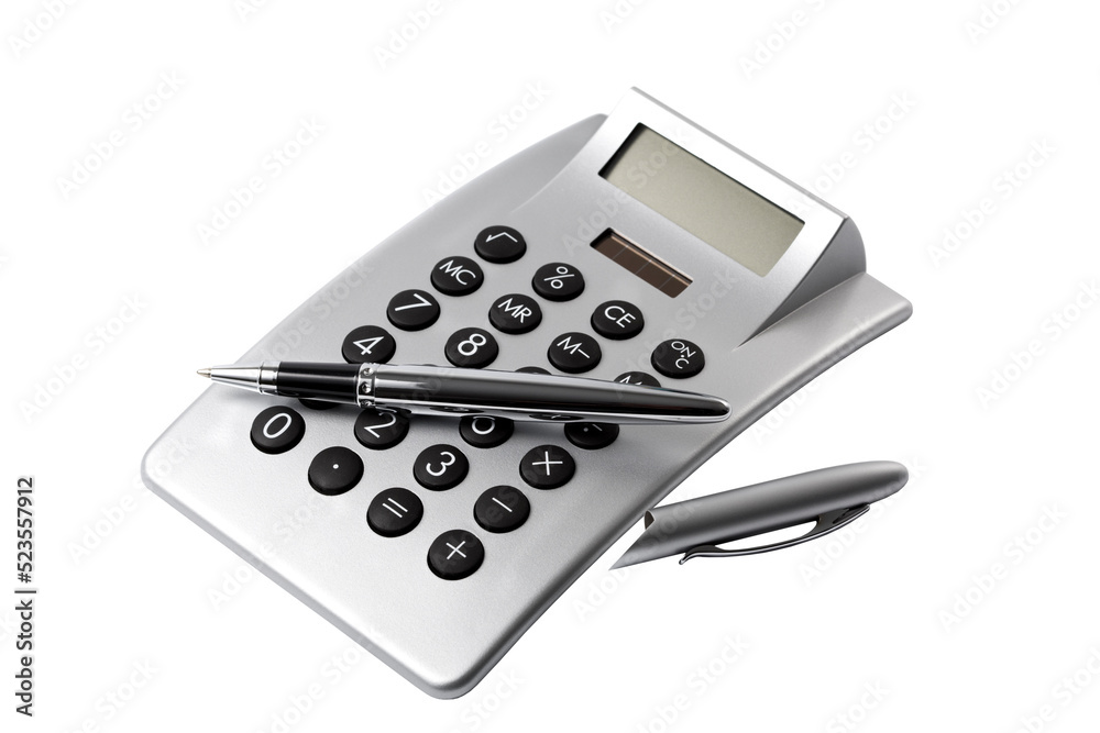 electronic desktop calculator and ballpoint pen isolated with transparent background - obrazy, fototapety, plakaty 