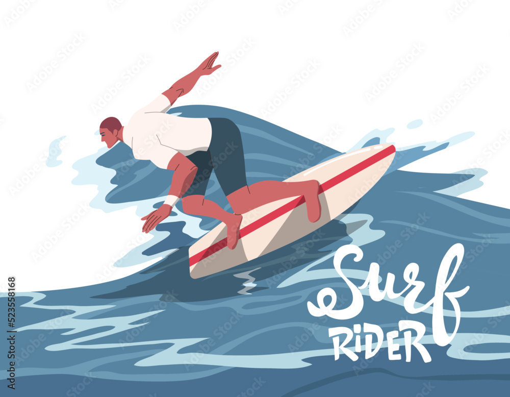 Young man in swimwear surfing and big wave in sea or ocean. Happy surfers in beachwear with surfboards isolated on beach background. 
Vector design illustration.