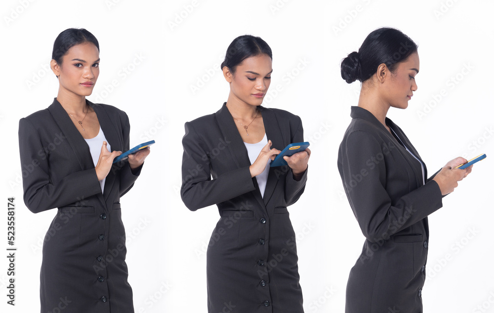 Half body disable person without fingers thumb hand of young adult woman using internet phone to type chat, white background isolated. Asian female smile in casual attire professional business Half body disable person without fingers thumb hand of young adult woman using internet phone to type chat, white background isolated. Asian female smile in casual attire professional business