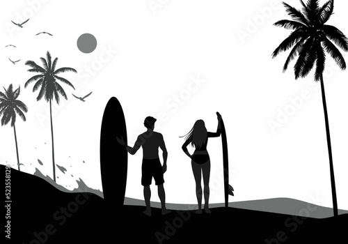 Silhouettes of young men and women surfing in swimsuits with surfboards on the beach with strong waves, and on a white background. Vector design illustration.