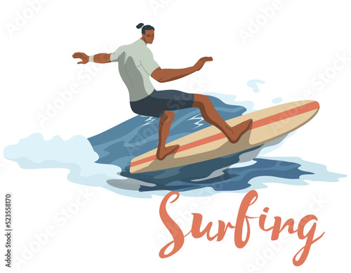 Young man in swimwear surfing and big wave in sea or ocean. Happy surfers in beachwear with surfboards isolated on beach background. 
Vector design illustration.