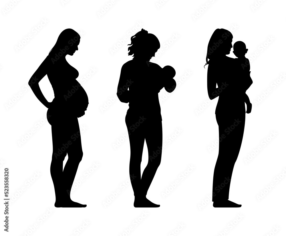 Set of silhouette. Black people on white background. Profile woman in differen term of child growth. Vector illustration. Colection