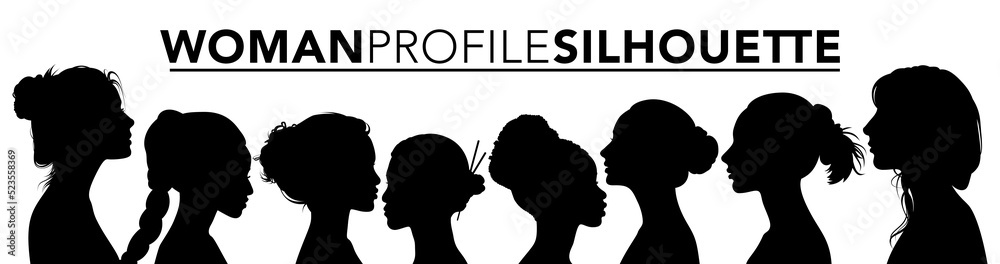Set of silhouette. Black people on white background. Profile women heads. Vector illustration
