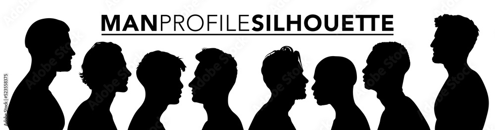 Set of silhouette. Black people on white background. Profile men heads. Vector illustration