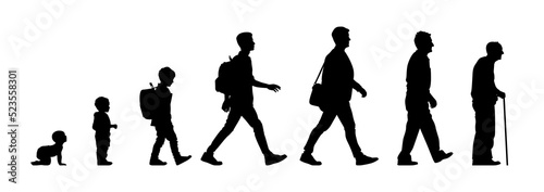 Birth to Death silhouette set. Profile walking man of different ages. Black people on white background. Vector illustration