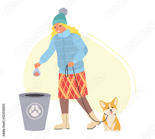 Woman walking dog and picking up pet waste vector