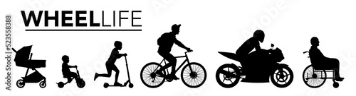 Set of silhouette. Black people on white background. Wheel life. Profile man of different ages on wheel transport. Vector illustration. Collection