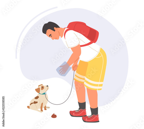 Man walking dog, picking up poop with special bag