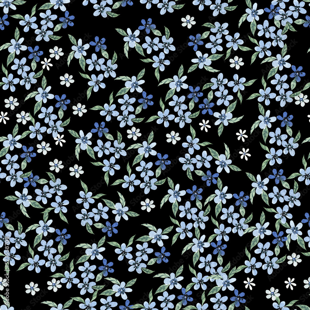 Watercolor sesmless pattern with blue flowers and leaves. Illustration Watercolor sesmless pattern with blue flowers and leaves. Illustration