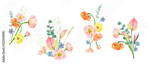 Hand painted watercolor floral bouquet. Iceland Poppies, anthurium, eucalyptus illustration isolated on white l background, print, invitation or greeting cards, garden cover for your text.