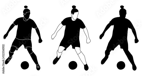 Set, silhouette outline, sportsman football player in ball game. Football, sport, isolated vector.
