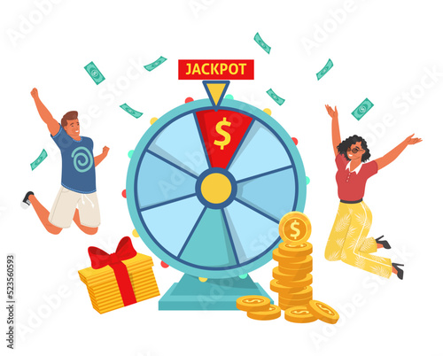 Jackpot prize spinning wheel and happy people