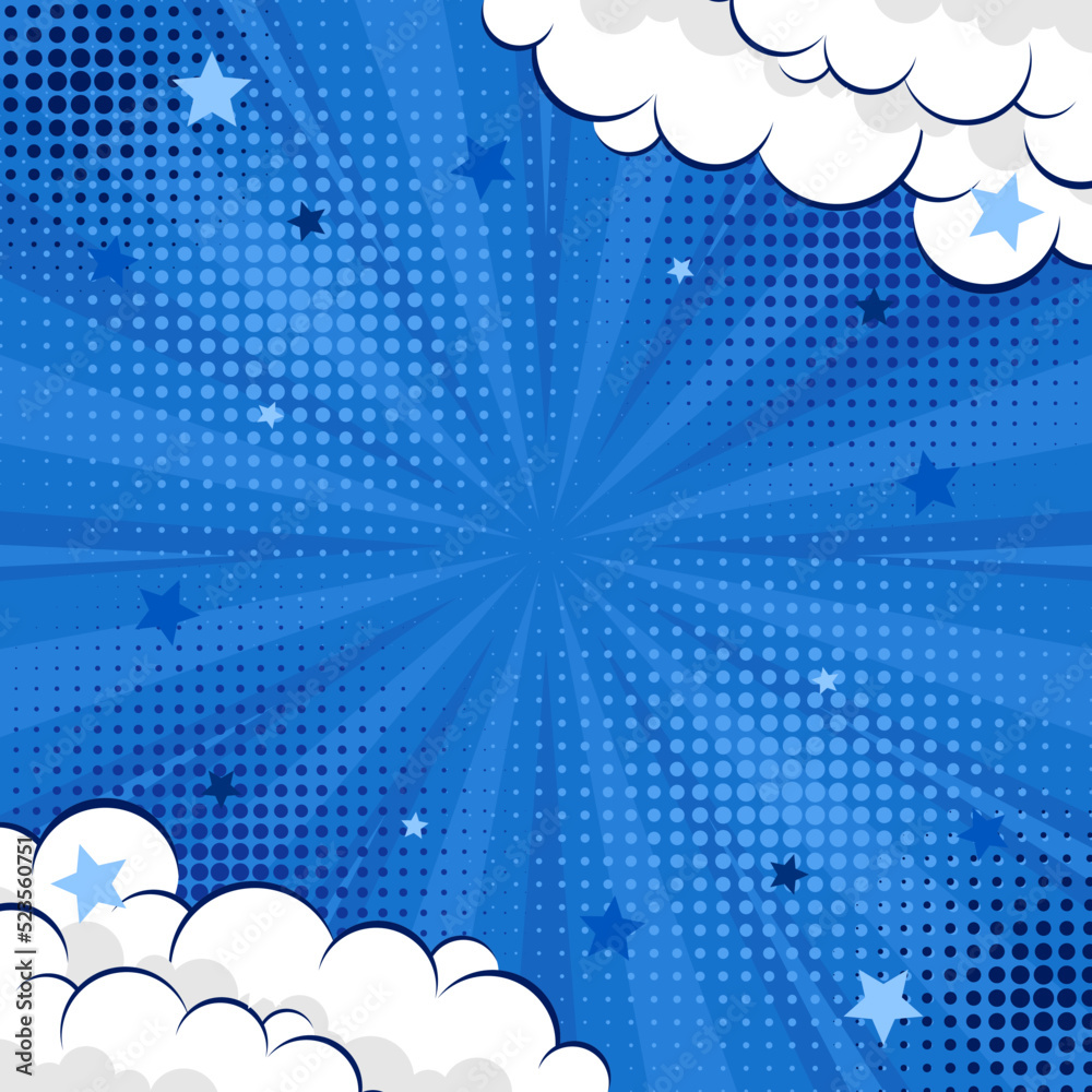 Blue abstract background pop art background for poster or book in blue color radial rays backdrop with halftone and cloud effect