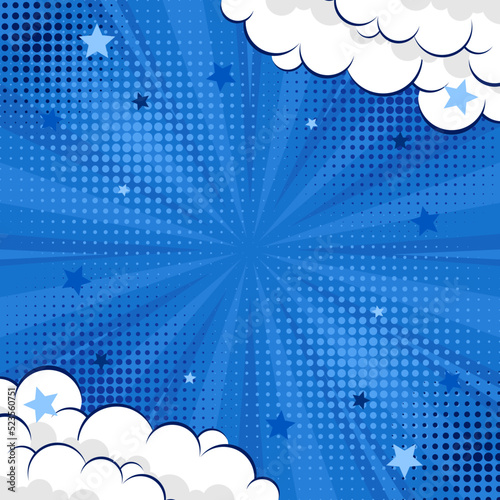 Blue abstract background pop art background for poster or book in blue color radial rays backdrop with halftone and cloud effect