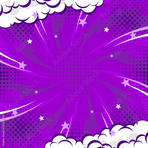 Purple abstract background pop art background for poster or book in purple color radial rays backdrop with halftone and cloud effect