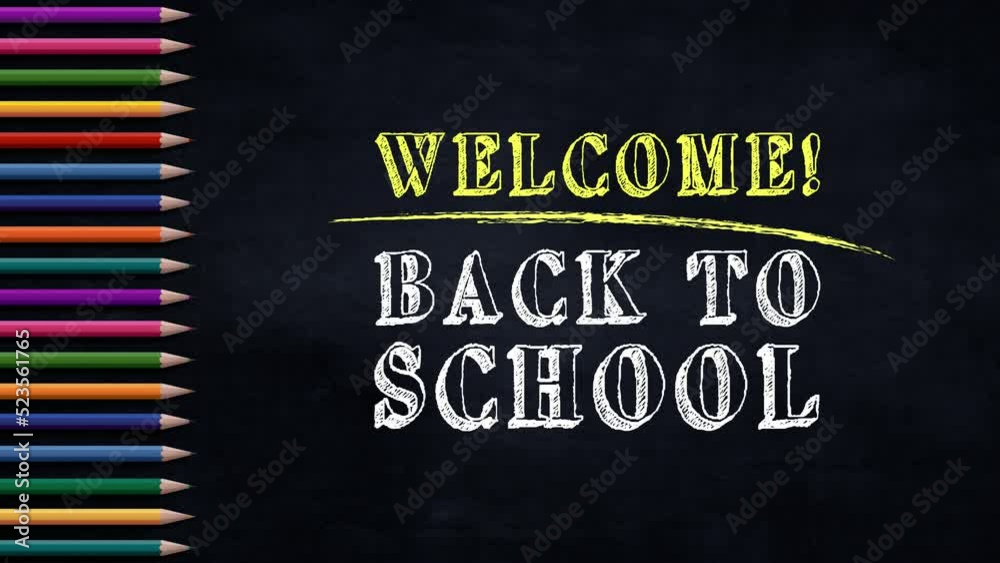 Welcome Back to school Background. A set of colored pencils on a black chalkboard background. Children's animation for education advertising or business concept. Retractable pencils