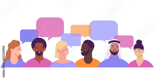 Group of multinational people speaking or speaking. Diverse cultures, international communication concept. Native speakers, friendly men and women. Dialogues between characters.