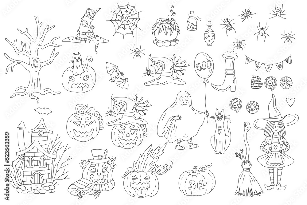 Vector hand drawn doodle set with Halloween illustrations. Little witch, hats, jack-o-lanterns, broom, bat  and spiders. Perfect for creating greeting card, posters, coloring books. Black outline.
