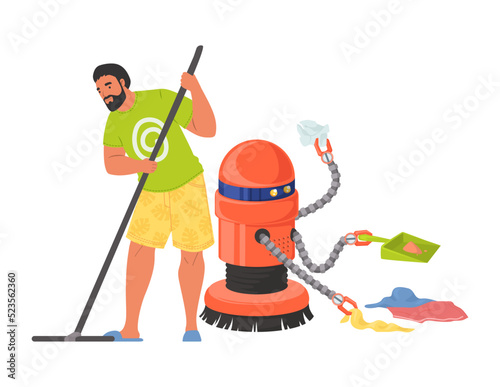 Robot assistant helping man to clean house vector