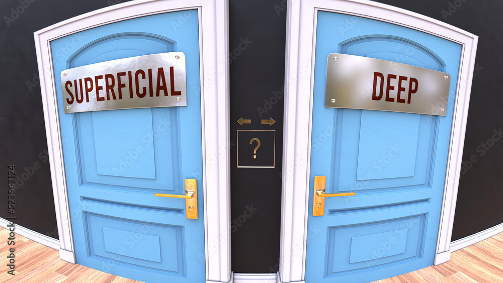 Superficial or Deep - a choice. Two options to choose from represented by doors leading to different outcomes. Symbolizes decision to pick up either Superficial or Deep.,3d illustration Superficial or Deep - a choice. Two options to choose from represented by doors leading to different outcomes. Symbolizes decision to pick up either Superficial or Deep.,3d illustration