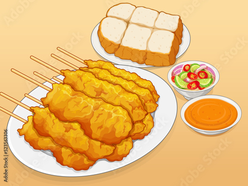 Traditional singapore food grilled pork satay with steamed bread peanut sauce and cucumber vinegar dipping sauce. Famous pork satay melaka in malaysia menu close up illustration vector.