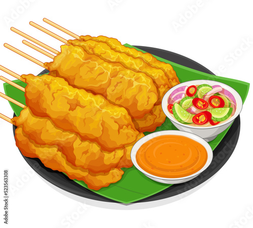 Traditional singapore food grilled pork satay. Famous pork satay melaka in malaysia menu close up illustration vector. Thai Pork satay with spices and peanut sauce recipe.
