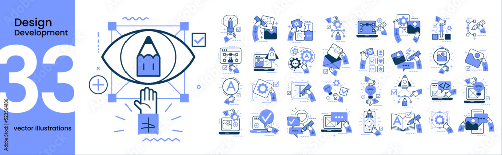 Concept illustration set. Collection of different design and development scenes and situations. Human hands with icons and images. Graphic and web design and development, social media, creative proces