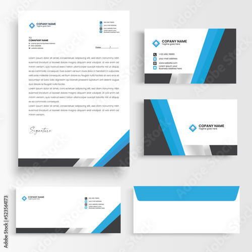 blue color business stationary template, letterhead, business card, envelope