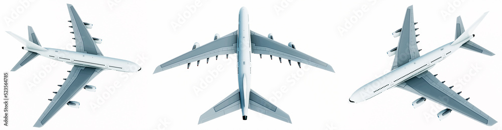 Conceptual set of three flying white passenger jetliner or commercial planes, isolated on white background. 3D illustration for jet transportation, travel industry or modern freedom concept