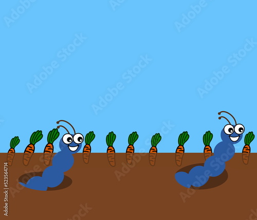 A smiling blue worm stirring up the soil in a vegetable field - illustration
