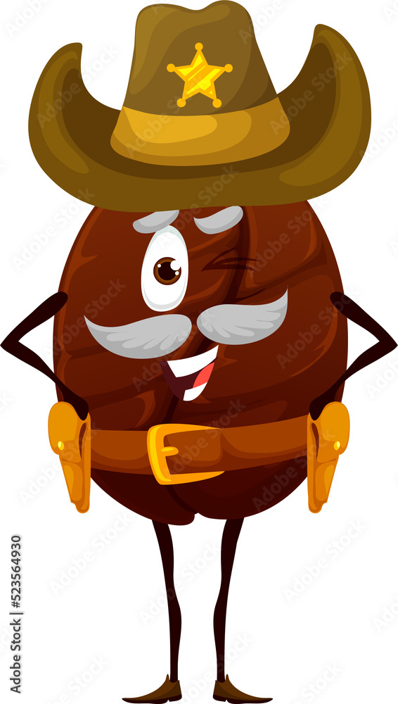 Naklejka premium Cartoon coffee bean ranger or sheriff character