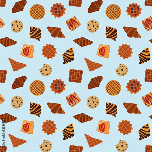 Seamless pattern of sweet pastries in a flat style on a blue background. Buns, croissants, Belgian waffles, cookies. For wrapping paper, wallpaper, screensavers