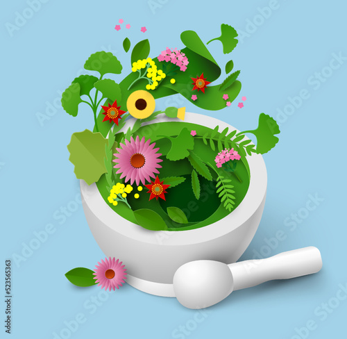 Mortar and pestle with herbal leaf papercut vector