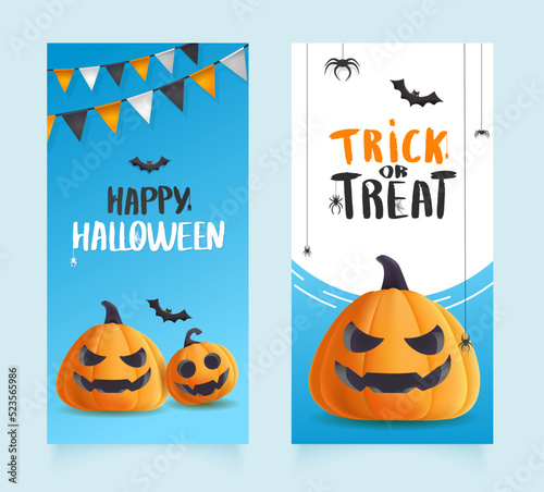 Collection Happy halloween banner with illustration of realistic pumpkins with faces.