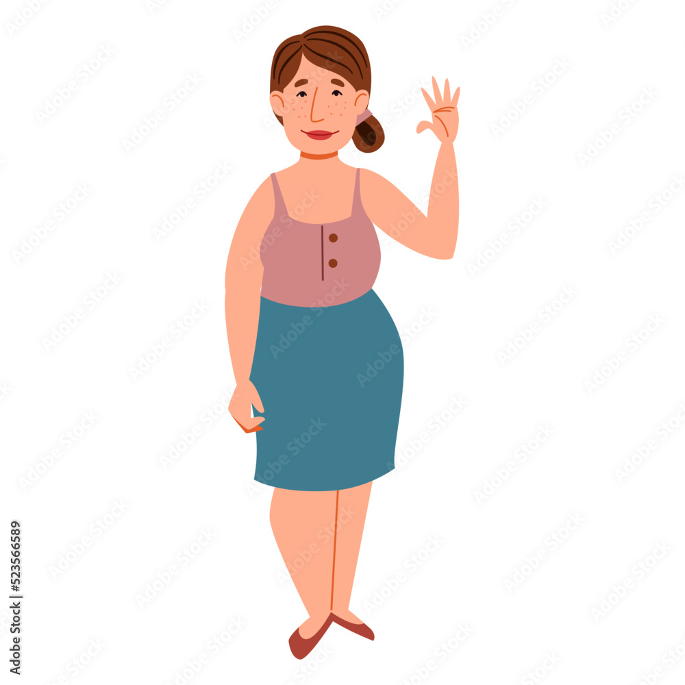 A fashionable plump girl in casual clothes greets. Friendly greeting of a young woman. Vector illustration in a flat style, isolated on a white background. A fashionable plump girl in casual clothes greets. Friendly greeting of a young woman. Vector illustration in a flat style, isolated on a white background.