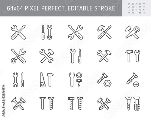 Repair tools line icons. Vector illustration include icon - hammer, ring spanner, fasteners, nail, screwdriver, wrench outline pictogram for construction toolkit. 64x64 Pixel Perfect, Editable Stroke