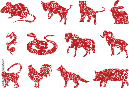 Set of hand drawn red zodiac animal sign with flowers and leaves ornaments, paper cut art style pattern vector isolated on white background. Chinese lunar new year.