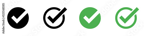 Check mark icon set. Green checkmark symbols isolated on white background. Circle buttons. Vector illustration.