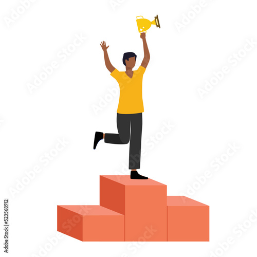 One Black Businessman Holding Up A Golden Trophy Cup While Running. Full Length. Flat Design Style, Character, Cartoon.